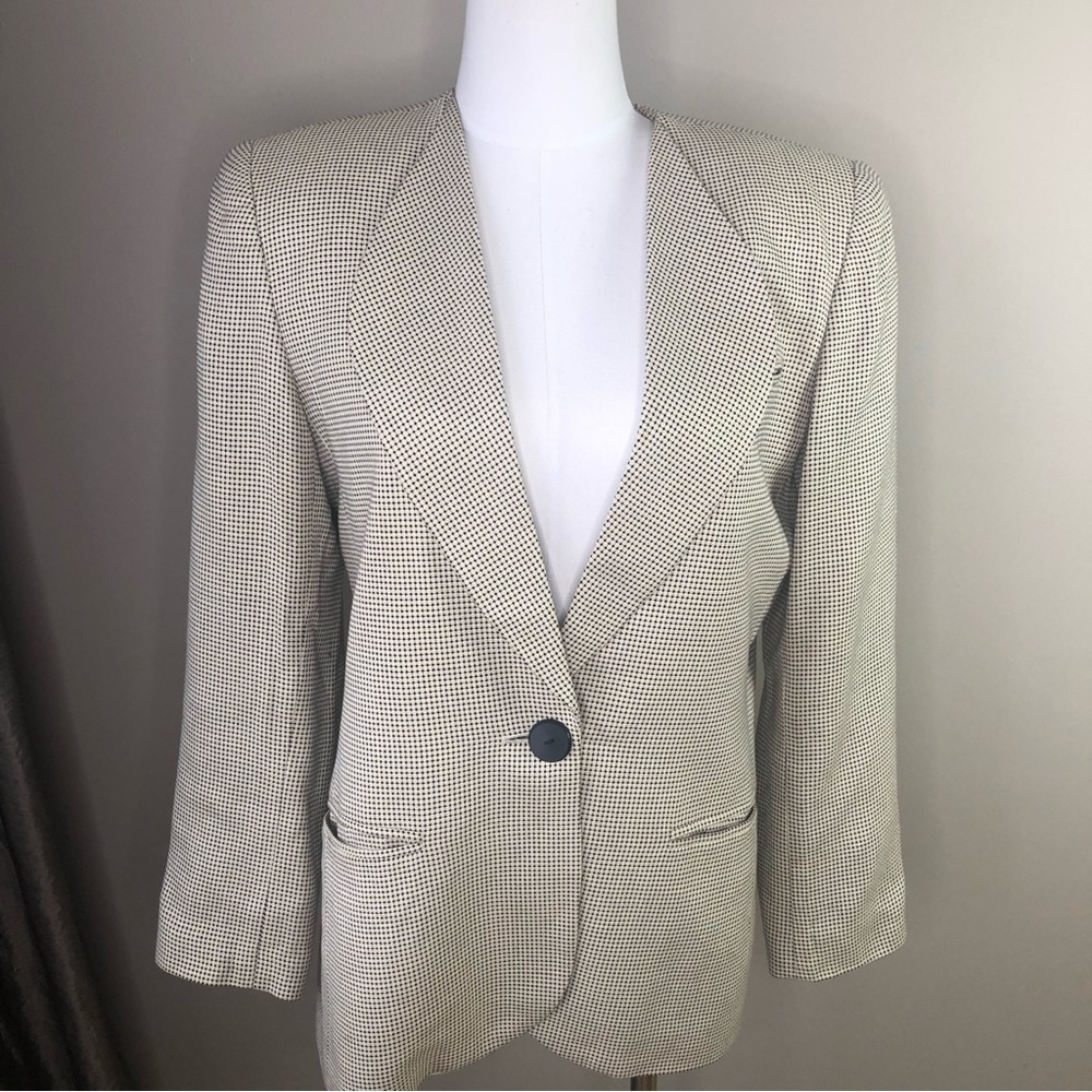 Vintage Cream Black Neutral Check Padded Shoulder Oversized Hourglass Blazer 4